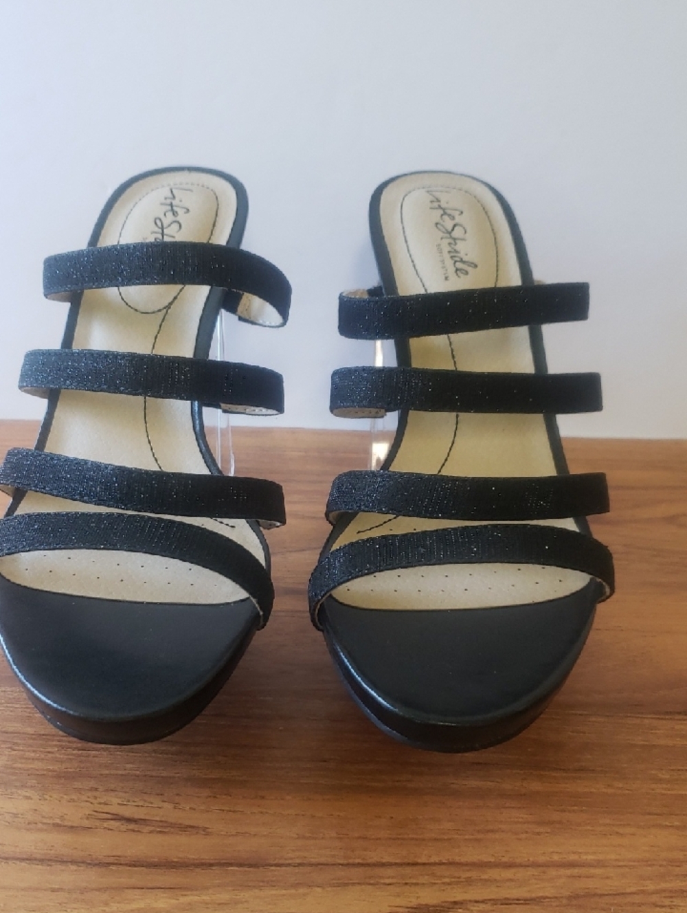 LifeStride Flex "Marquee", Black Shimmer High-heeled Strappy Sandal, Sz 8.5W